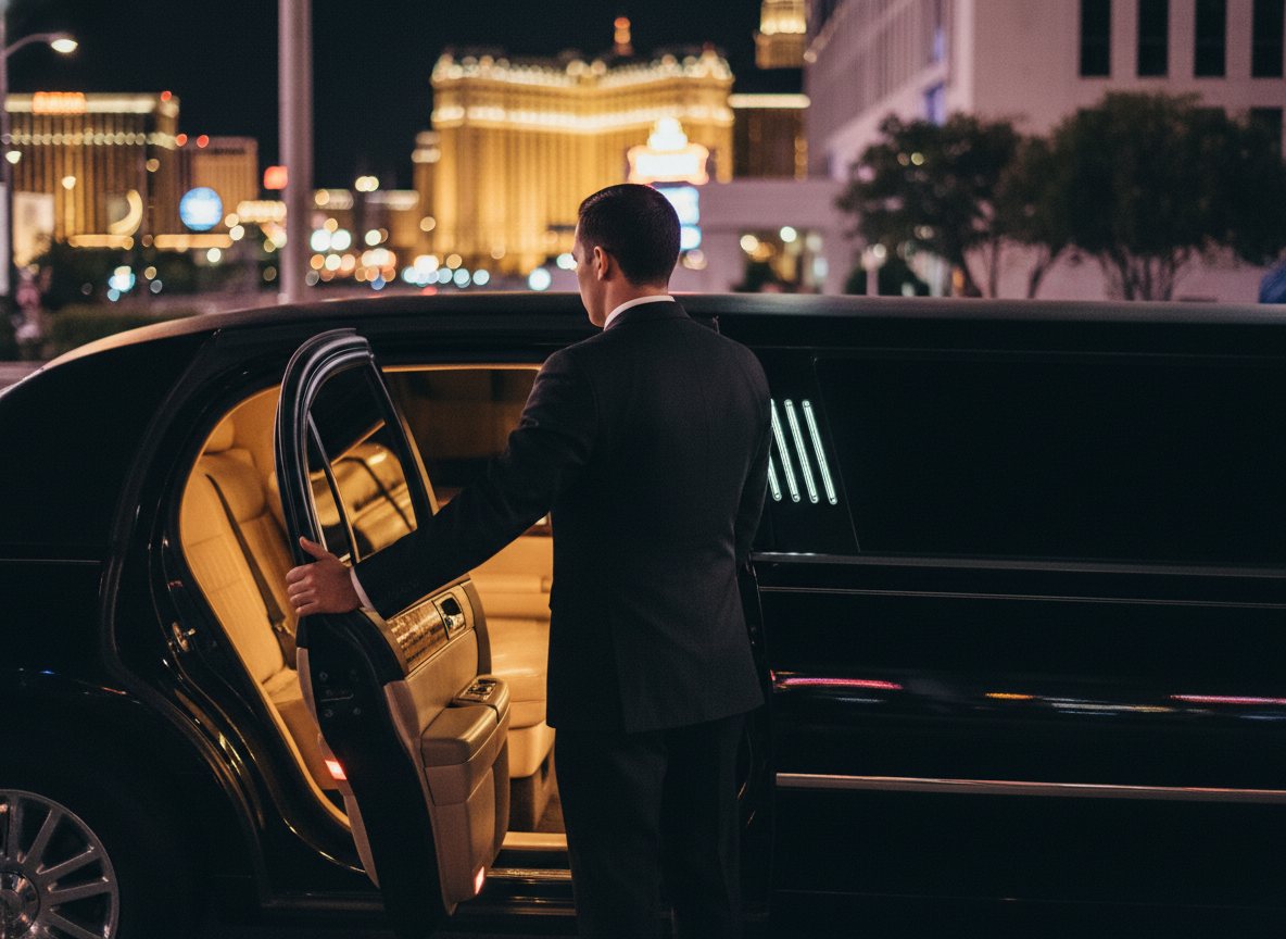 A professional chauffeur opening the door of a polished luxury vehicle.