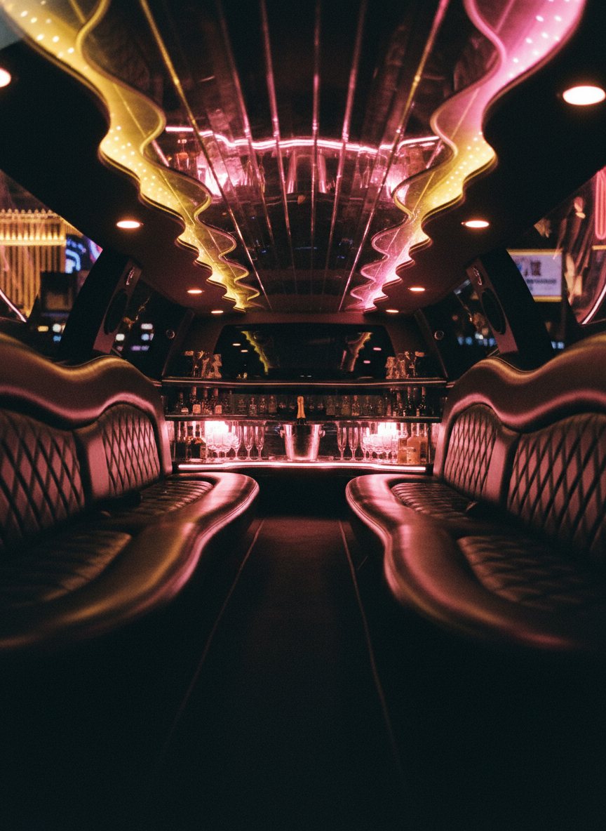 The interior of a stretch limousine with LED accent lighting, plush leather seating, and a champagne bar.