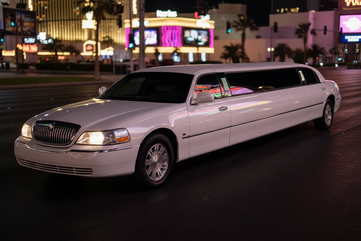 A white stretch limousine parked on the Las Vegas Strip at night.