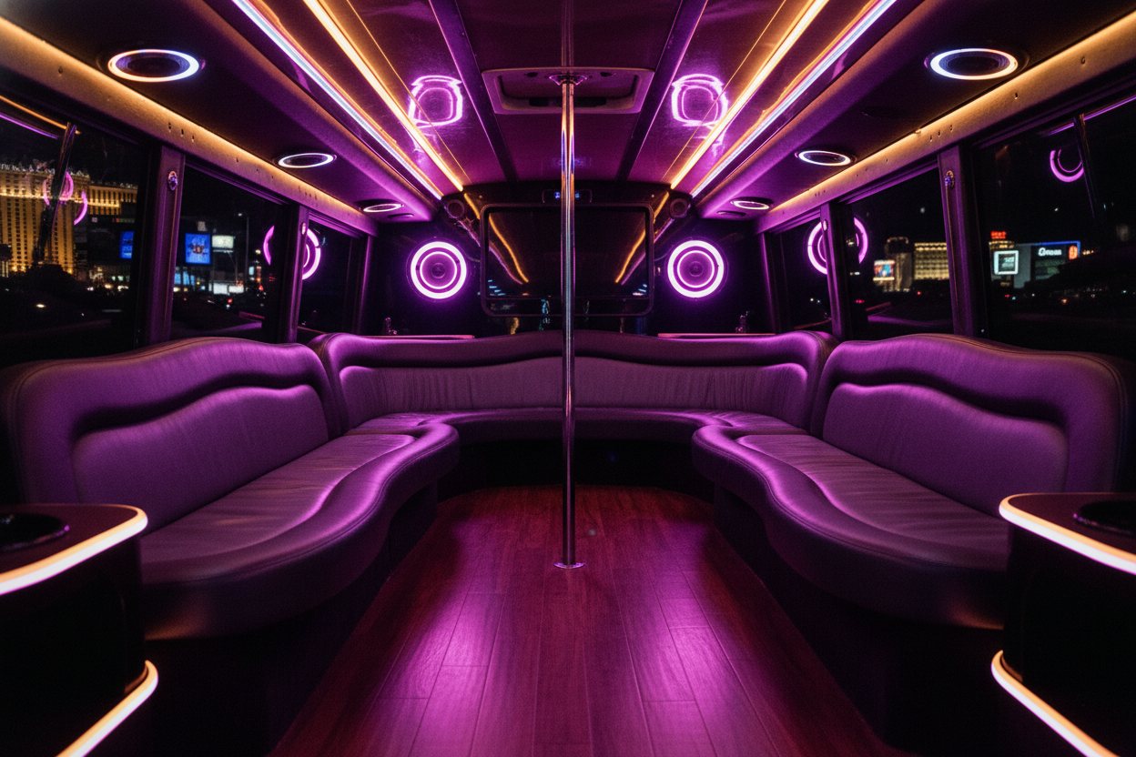 Friends celebrating inside a neon-lit party bus in Las Vegas.