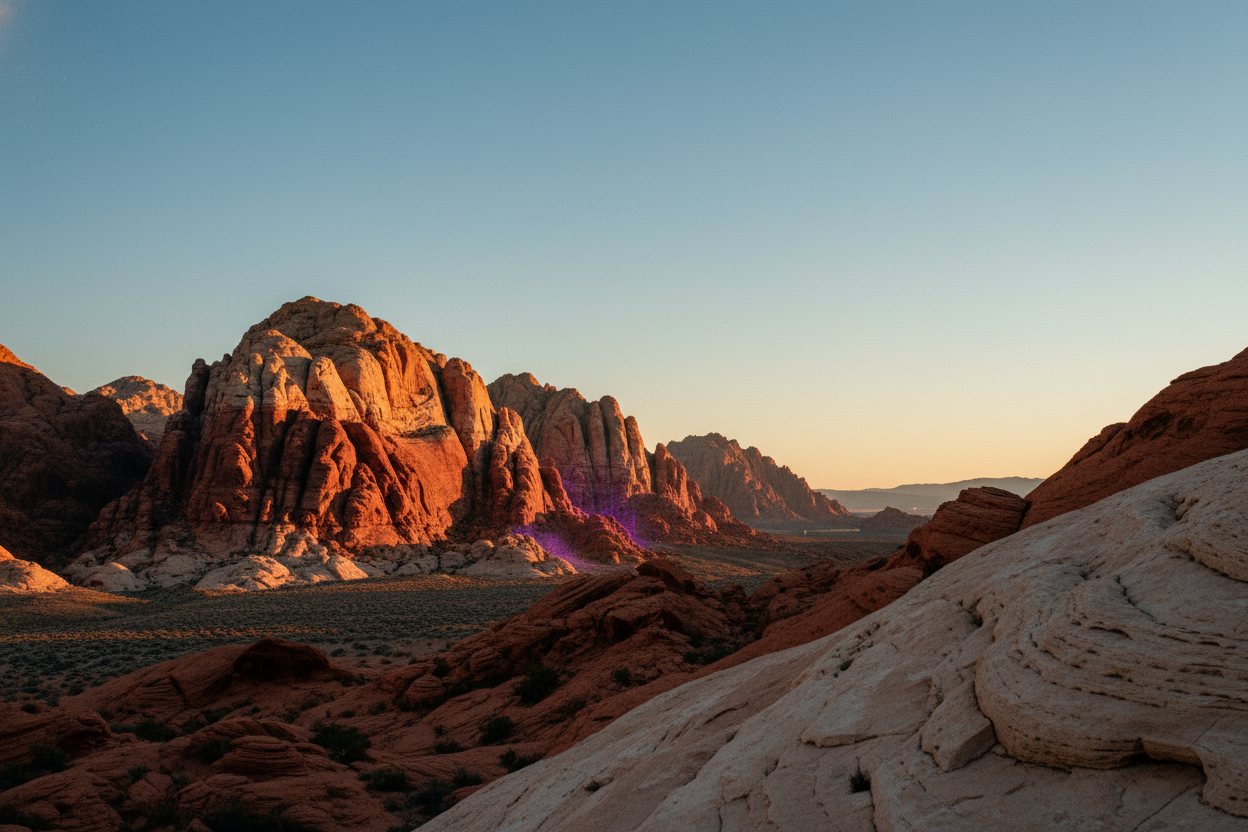 Red Rock Canyon's red sandstone formations under a clear desert sky.