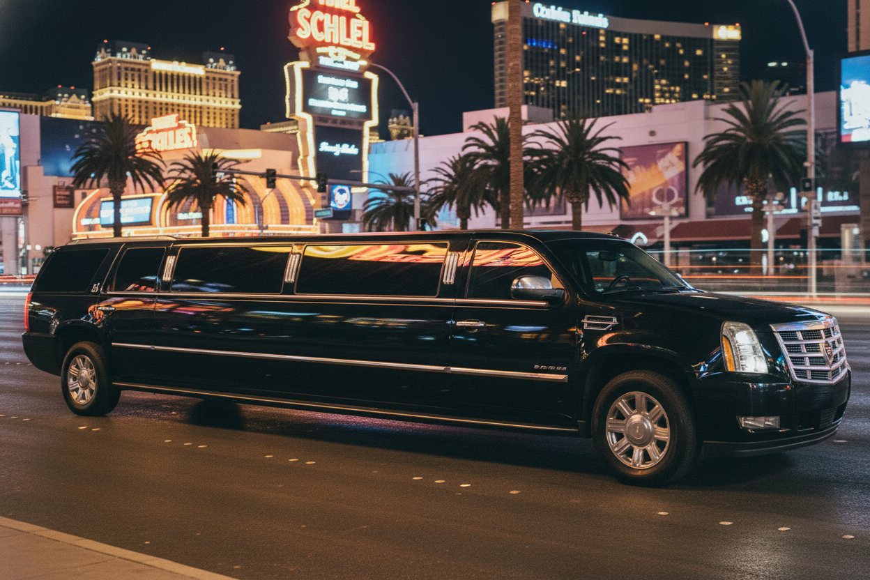 A blacked-out luxury SUV limousine on a Las Vegas street at night.